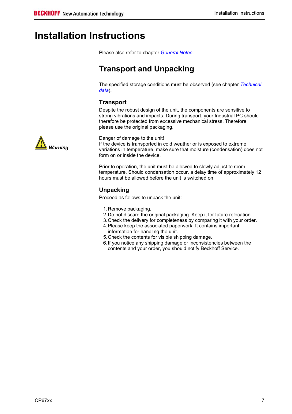 Installation instructions, Transport and unpacking, Transport | Unpacking | BECKHOFF CP67xx User Manual | Page 9 / 21