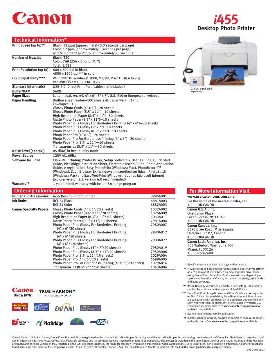 I 455, Desktop photo printer, Technical information | Ordering information, For more information visit | Canon i 455 User Manual | Page 2 / 2