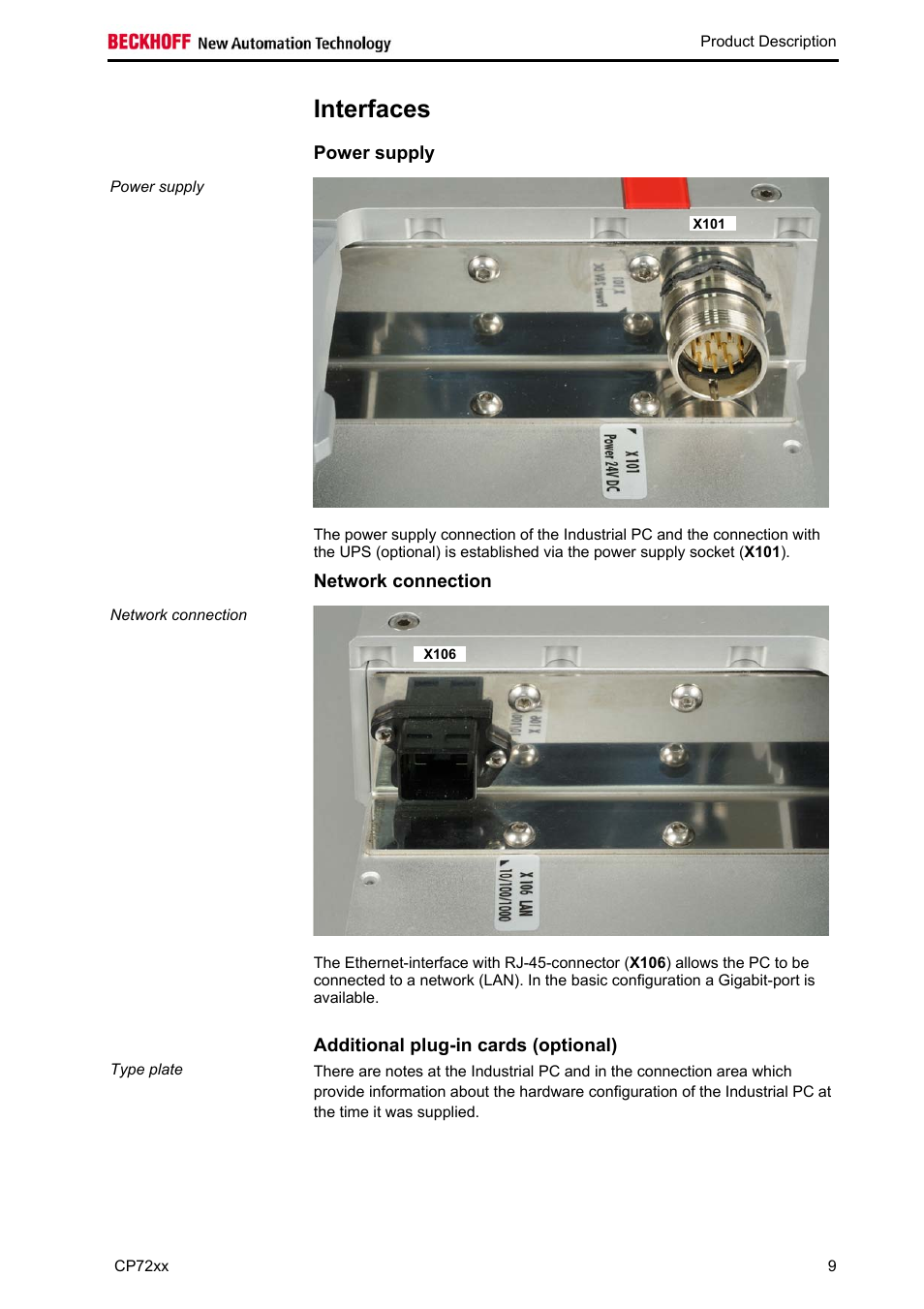 Interfaces, Power supply, Network connection | Additional plug-in cards (optional), Interfaces 9 | BECKHOFF CP72xx User Manual | Page 11 / 37