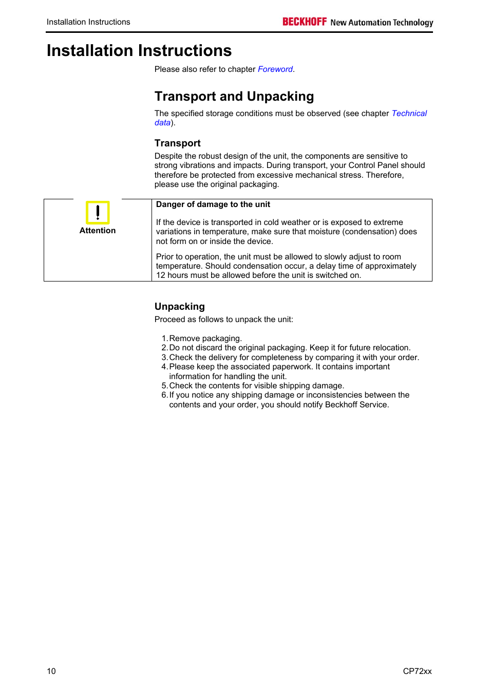 Installation instructions, Transport and unpacking, Transport | Unpacking, Unpacking 10 | BECKHOFF CP72xx User Manual | Page 12 / 37