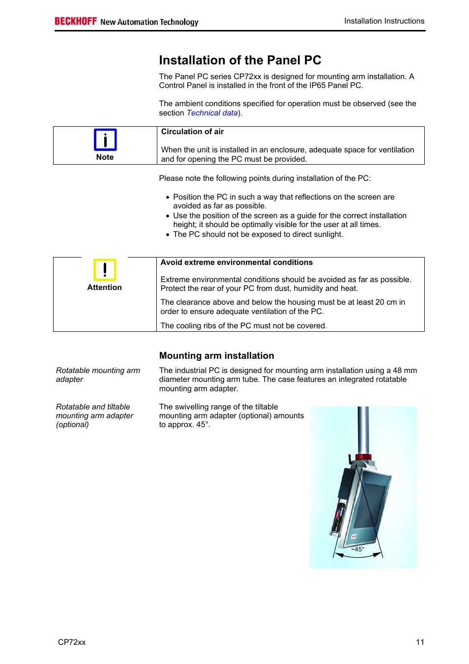 Installation of the panel pc, Mounting arm installation | BECKHOFF CP72xx User Manual | Page 13 / 37