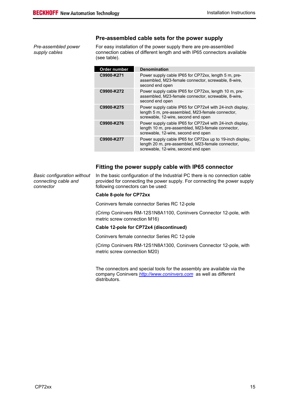 Pre-assembled cable sets for the power supply, Fitting the power supply cable with ip65 connector, Cable 8-pole for cp72xx | Cable 12-pole for cp72x4 (discontinued) | BECKHOFF CP72xx User Manual | Page 17 / 37