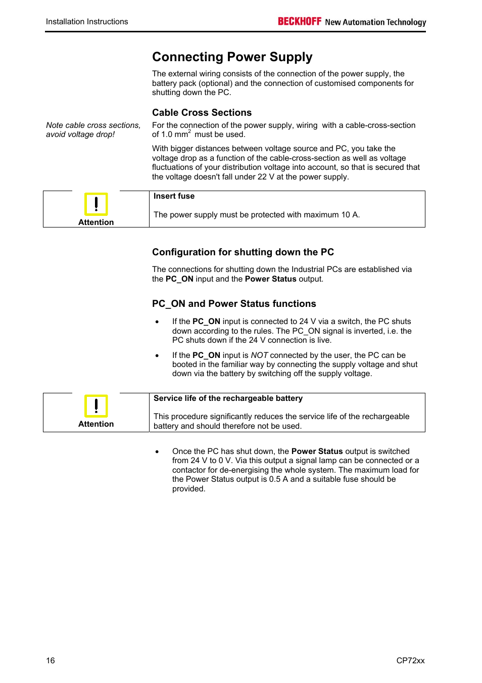 Connecting power supply, Cable cross sections, Configuration for shutting down the pc | Pc_on and power status functions | BECKHOFF CP72xx User Manual | Page 18 / 37