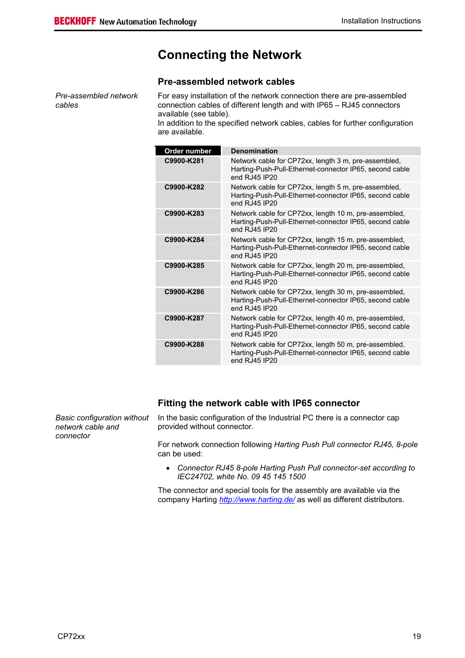 Connecting the network, Pre-assembled network cables, Fitting the network cable with ip65 connector | BECKHOFF CP72xx User Manual | Page 21 / 37