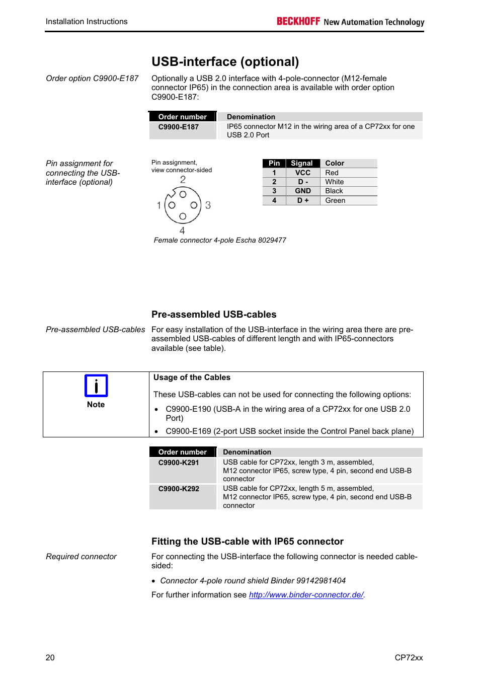 Usb-interface (optional), Pre-assembled usb-cables, Fitting the usb-cable with ip65 connector | BECKHOFF CP72xx User Manual | Page 22 / 37