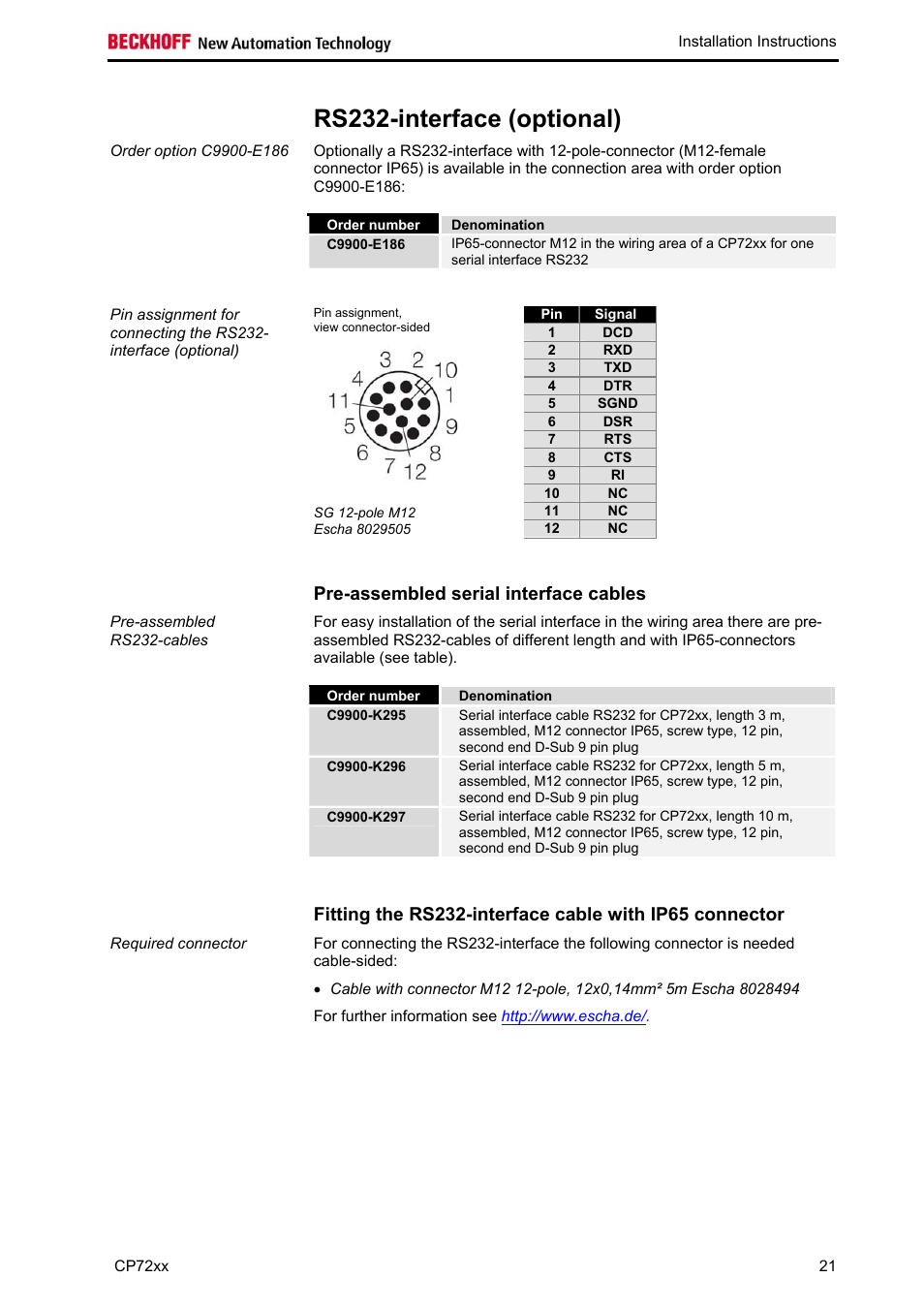 Rs232-interface (optional), Pre-assembled serial interface cables | BECKHOFF CP72xx User Manual | Page 23 / 37