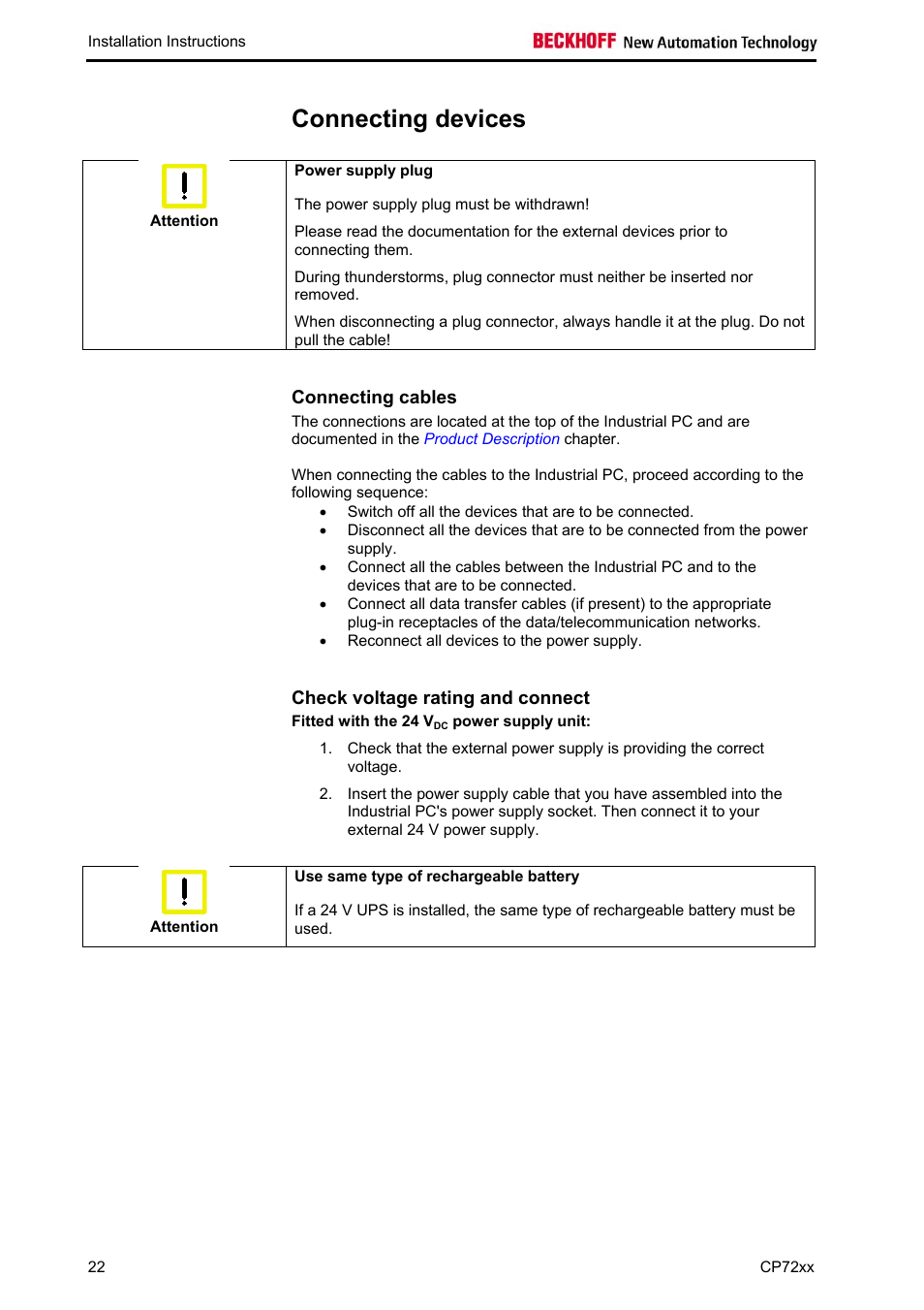 Connecting devices, Connecting cables, Check voltage rating and connect | BECKHOFF CP72xx User Manual | Page 24 / 37