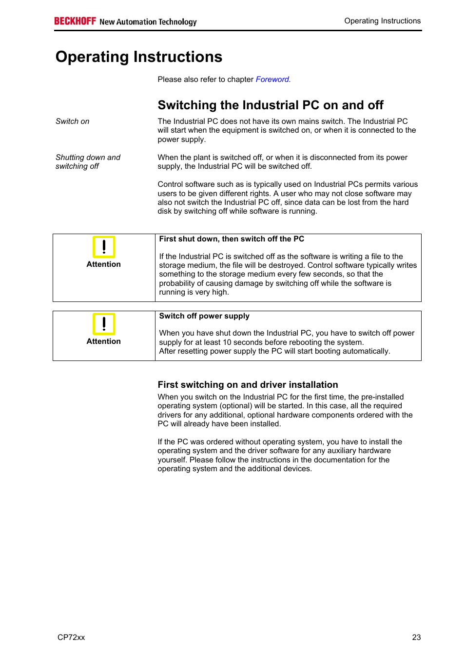 Operating instructions, Switching the industrial pc on and off, First switching on and driver installation | BECKHOFF CP72xx User Manual | Page 25 / 37