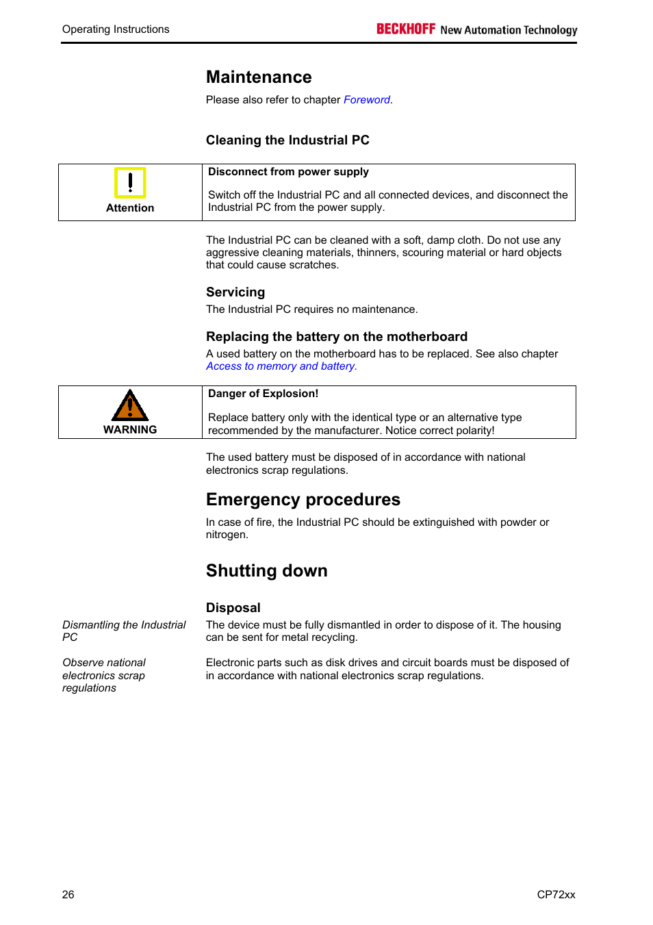 Maintenance, Cleaning the industrial pc, Servicing | Replacing the battery on the motherboard, Emergency procedures, Shutting down, Disposal, Maintenance 26 | BECKHOFF CP72xx User Manual | Page 28 / 37