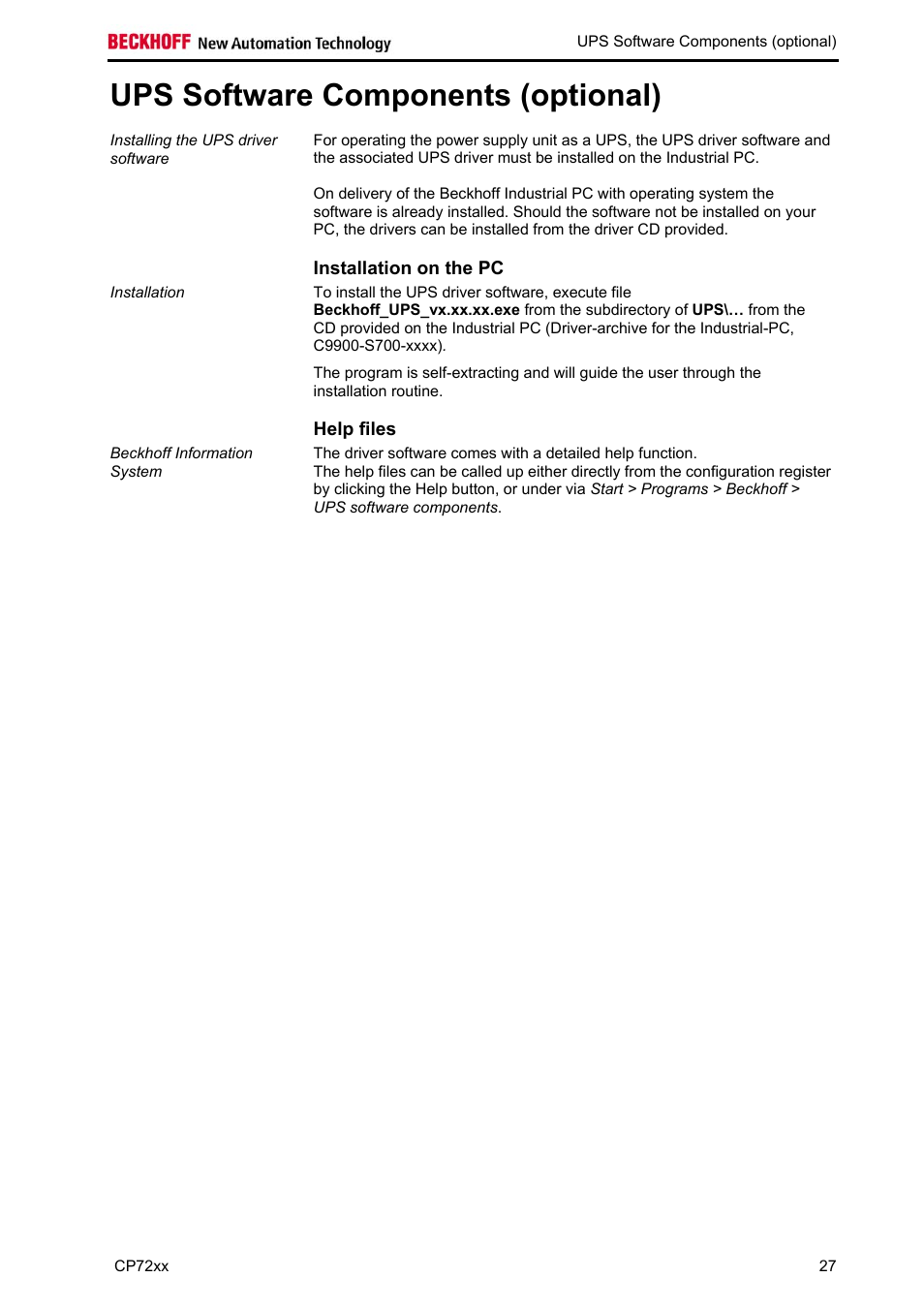 Ups software components (optional), Installation on the pc, Help files | BECKHOFF CP72xx User Manual | Page 29 / 37