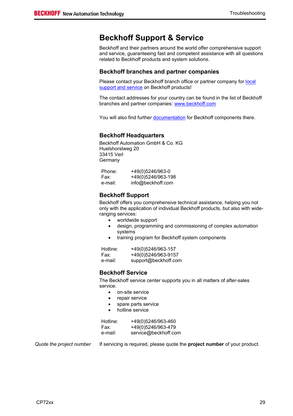 Beckhoff support & service, Beckhoff branches and partner companies, Beckhoff headquarters | Beckhoff support, Beckhoff service | BECKHOFF CP72xx User Manual | Page 31 / 37