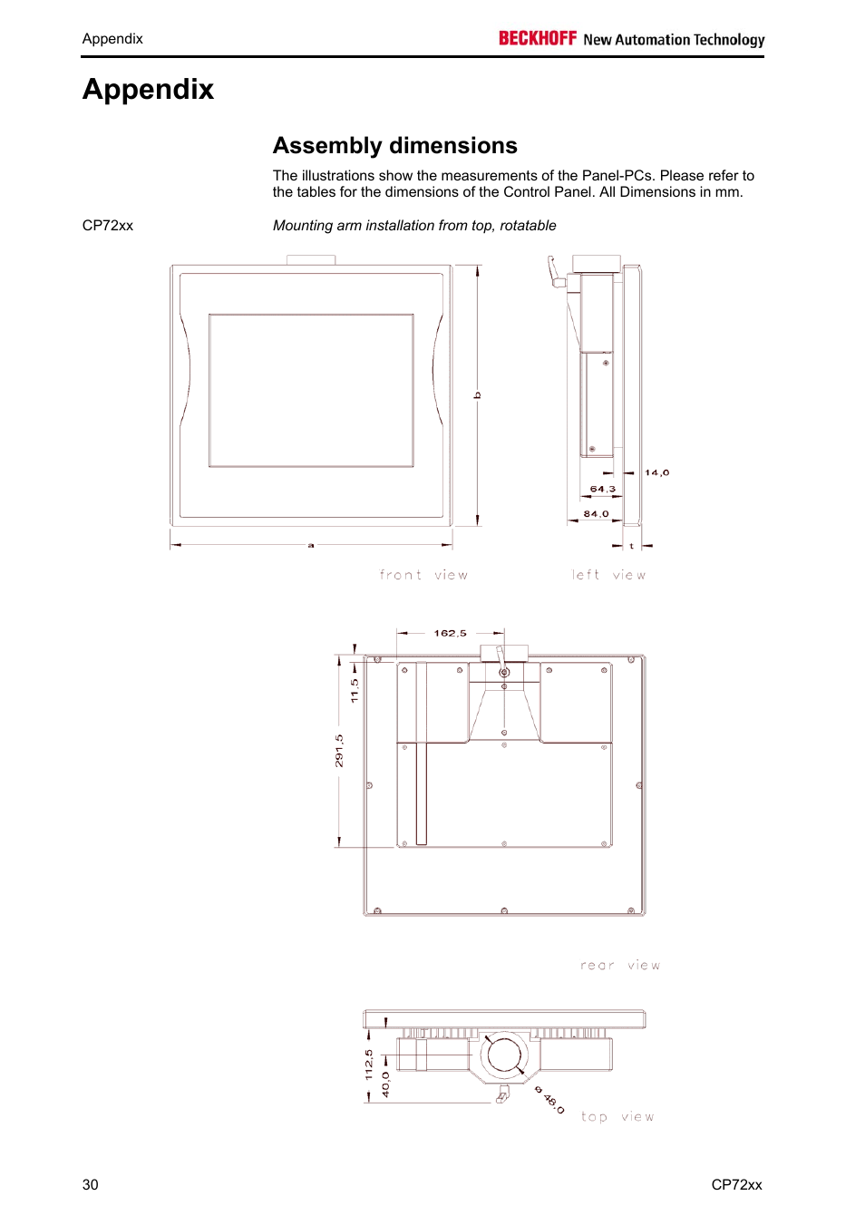 Appendix, Assembly dimensions, Appendix 30 | BECKHOFF CP72xx User Manual | Page 32 / 37