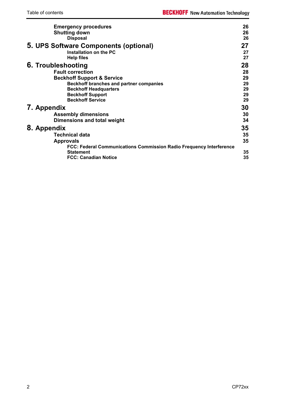 Ups software components (optional) 27, Troubleshooting 28, Appendix 30 | Appendix 35 | BECKHOFF CP72xx User Manual | Page 4 / 37