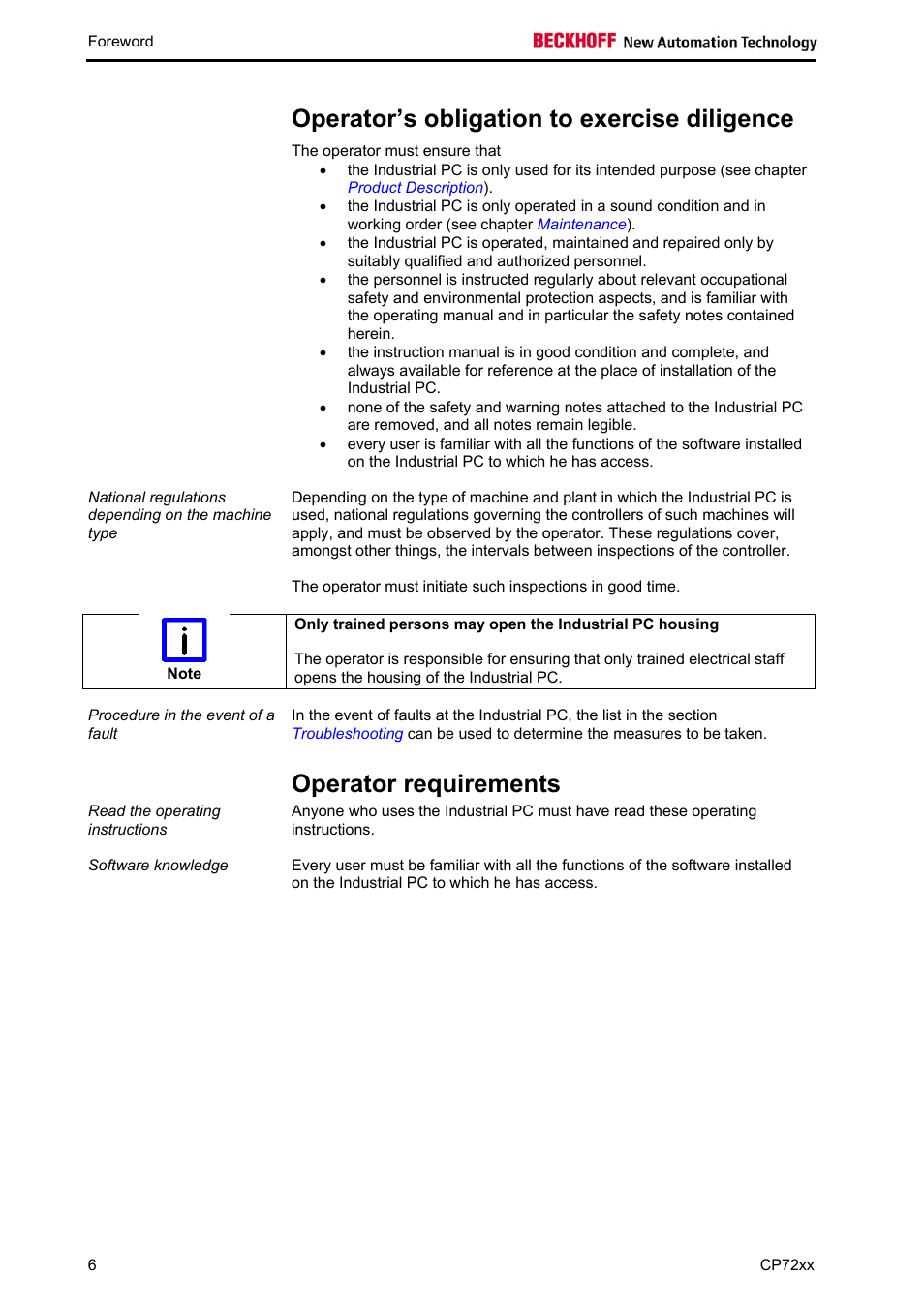 Operator’s obligation to exercise diligence, Operator requirements | BECKHOFF CP72xx User Manual | Page 8 / 37