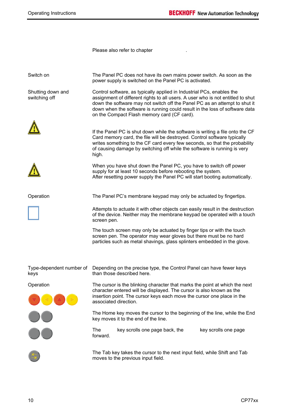 Operating instructions, Switching the panel pc on and off, Operation | Keyboard codes | BECKHOFF CP77xx User Manual | Page 12 / 19