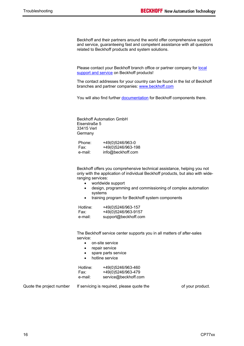 Beckhoff support & service | BECKHOFF CP77xx User Manual | Page 18 / 19