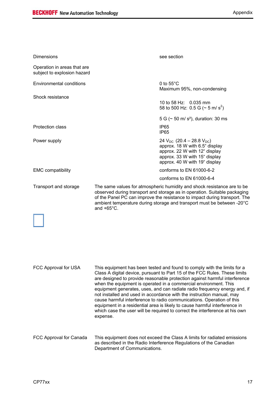 Appendix, Technical data, Approvals | BECKHOFF CP77xx User Manual | Page 19 / 19