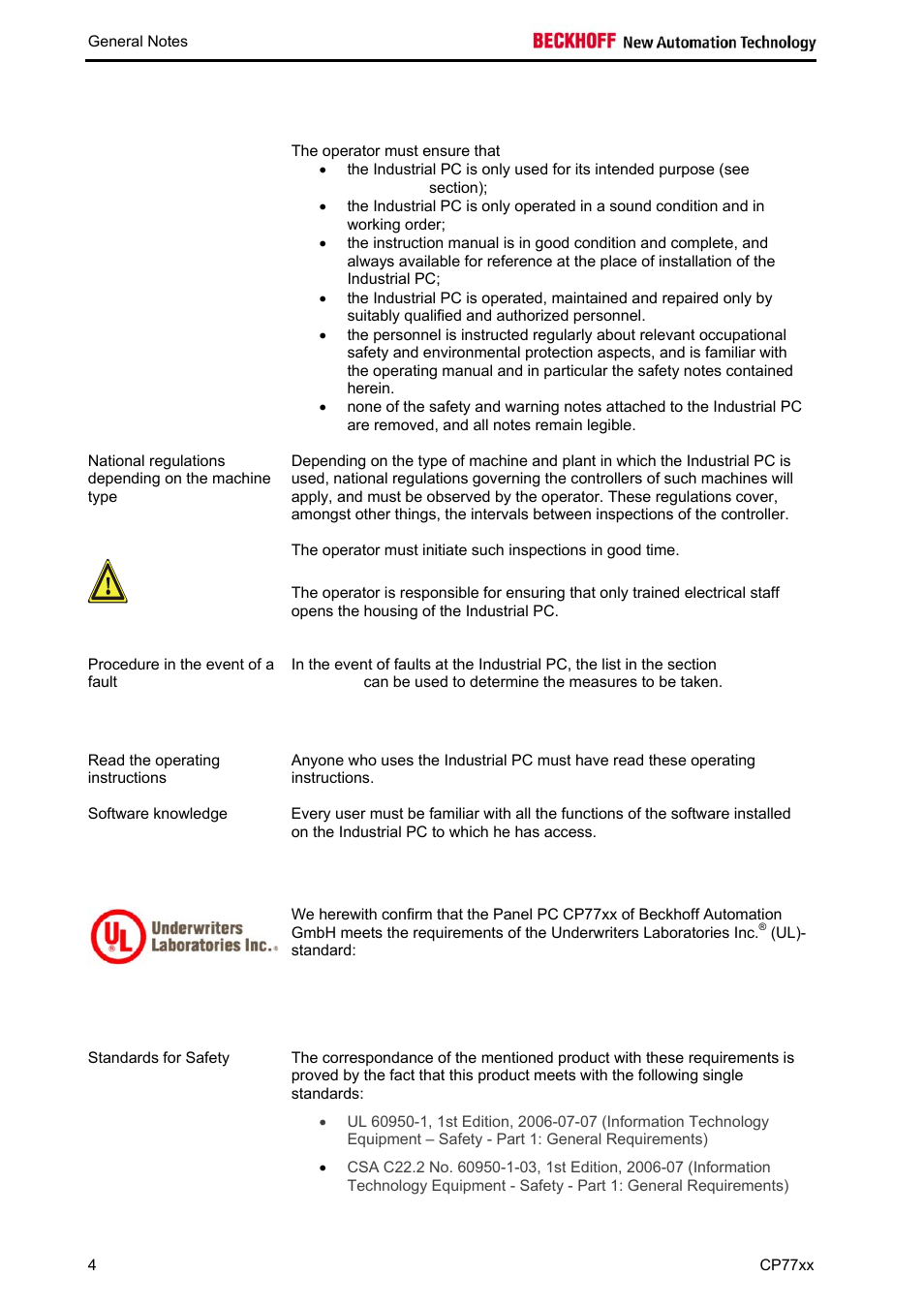 Operator’s obligation to exercise diligence, Operator requirements, Ul-certificate of compilance | BECKHOFF CP77xx User Manual | Page 6 / 19