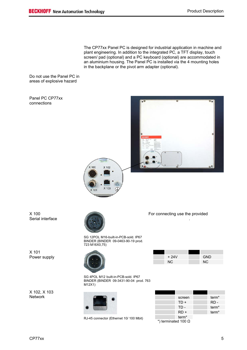 Product description, Appropriate use, Connections | Pin assignment | BECKHOFF CP77xx User Manual | Page 7 / 19