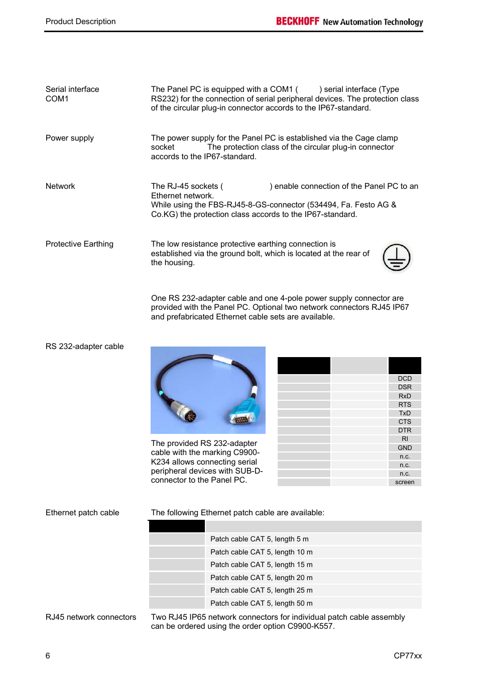 Connector description, Connecting cables, Serial interface | Power supply, Network interfaces, Protective earthing, Rs 232-adapter cable | BECKHOFF CP77xx User Manual | Page 8 / 19