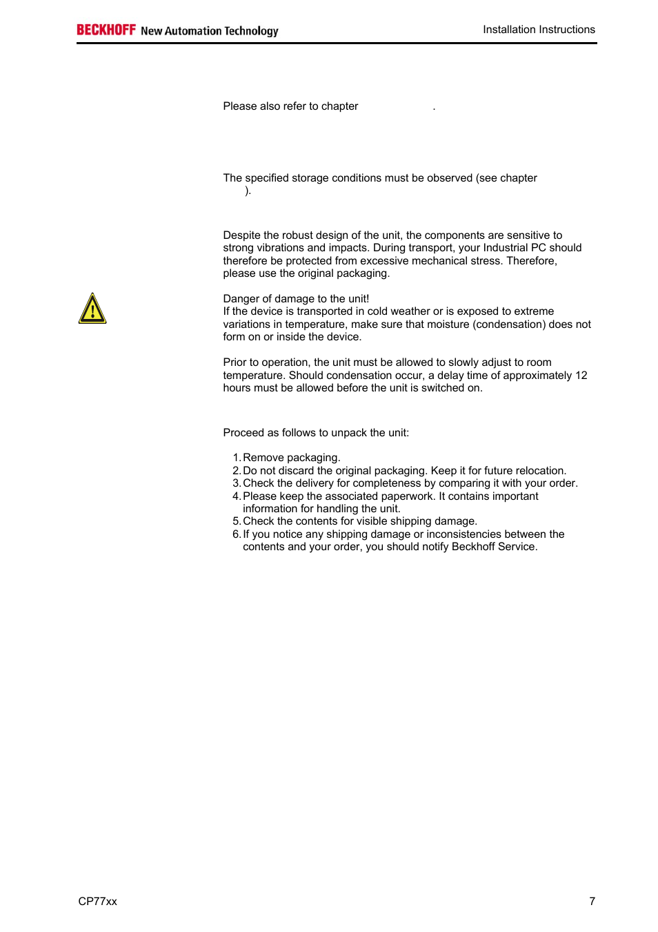 Installation instructions, Transport and unpacking | BECKHOFF CP77xx User Manual | Page 9 / 19