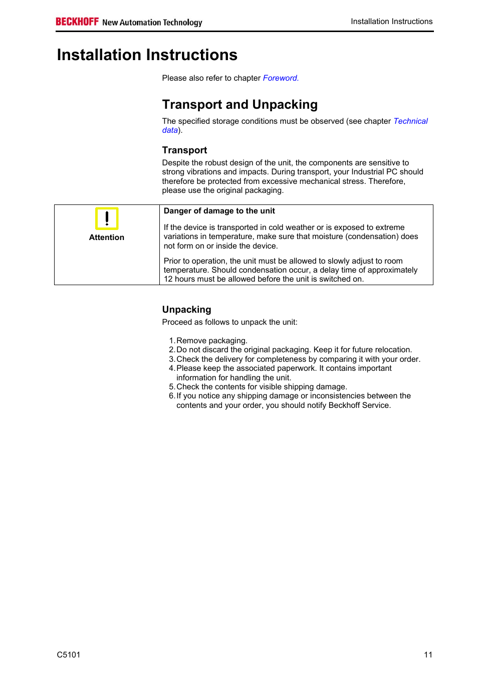 Installation instructions, Transport and unpacking, Transport | Unpacking, Unpacking 11 | BECKHOFF C5101 User Manual | Page 13 / 23