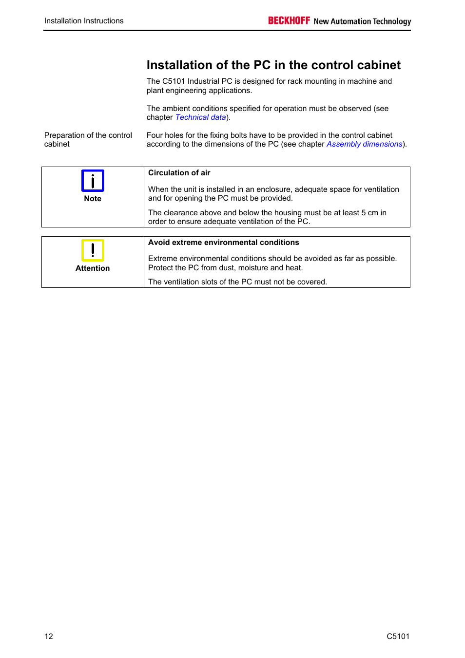 Installation of the pc in the control cabinet | BECKHOFF C5101 User Manual | Page 14 / 23