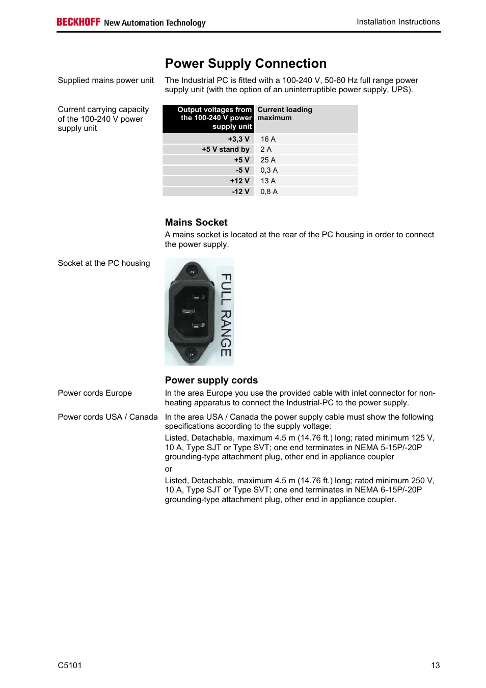 Power supply connection, Mains socket, Power supply cords | BECKHOFF C5101 User Manual | Page 15 / 23