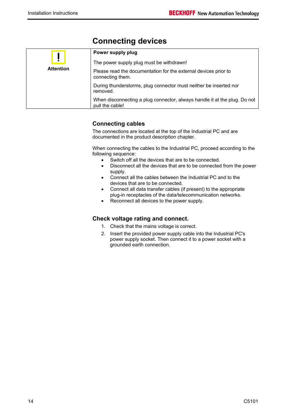 Connecting devices, Connecting cables, Check voltage rating and connect | BECKHOFF C5101 User Manual | Page 16 / 23