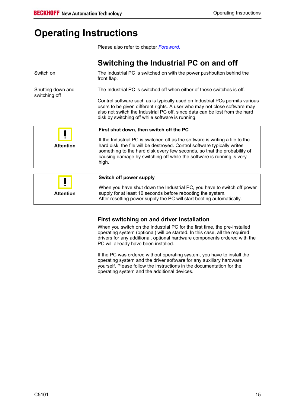 Operating instructions, Switching the industrial pc on and off, First switching on and driver installation | BECKHOFF C5101 User Manual | Page 17 / 23