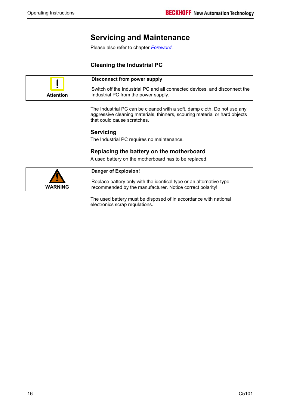 Servicing and maintenance, Cleaning the industrial pc, Servicing | Replacing the battery on the motherboard | BECKHOFF C5101 User Manual | Page 18 / 23