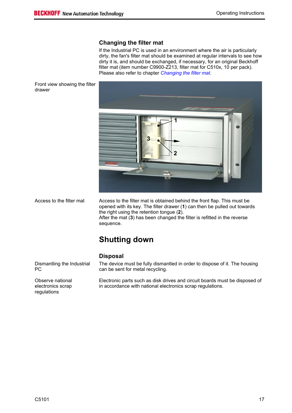 Changing the filter mat, Shutting down, Disposal | BECKHOFF C5101 User Manual | Page 19 / 23