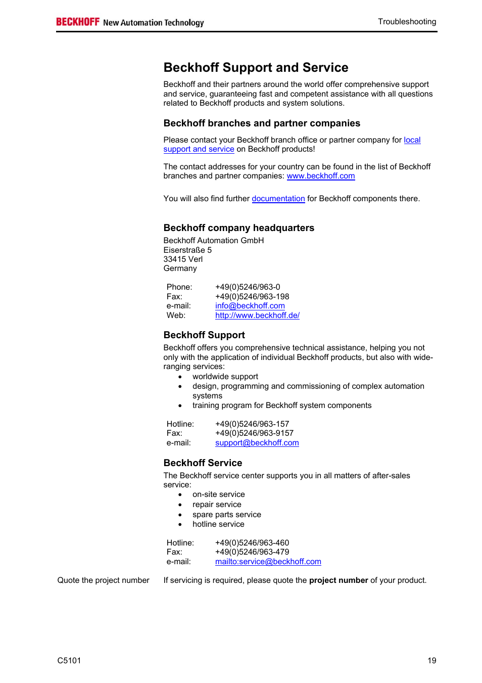 Beckhoff support and service, Beckhoff branches and partner companies, Beckhoff company headquarters | Beckhoff support, Beckhoff service | BECKHOFF C5101 User Manual | Page 21 / 23