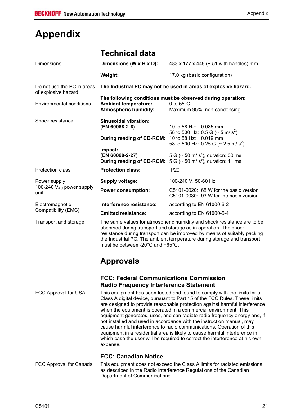 Appendix, Technical data, Approvals | Fcc: canadian notice, Appendix 21, Approvals 21, Must be observed (see chapter, Technical, Data | BECKHOFF C5101 User Manual | Page 23 / 23