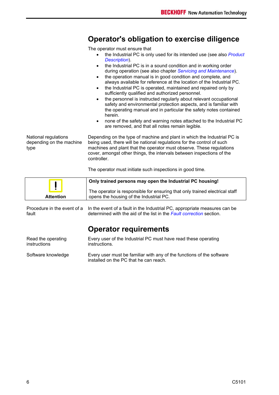 Operator's obligation to exercise diligence, Operator requirements | BECKHOFF C5101 User Manual | Page 8 / 23