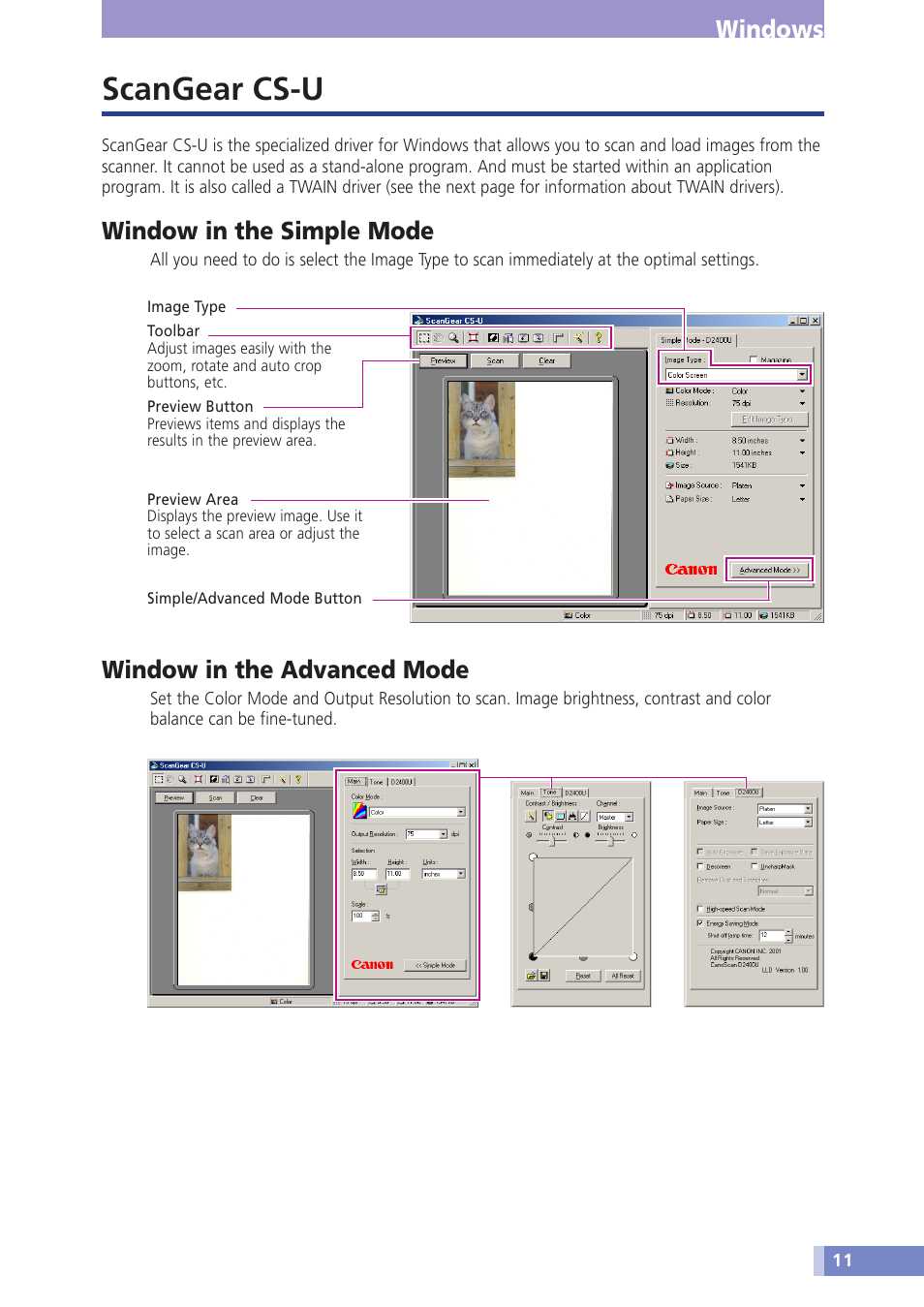 Scangear cs-u, Windows, Window in the simple mode | Window in the advanced mode | Canon D1230U/D2400U User Manual | Page 11 / 24