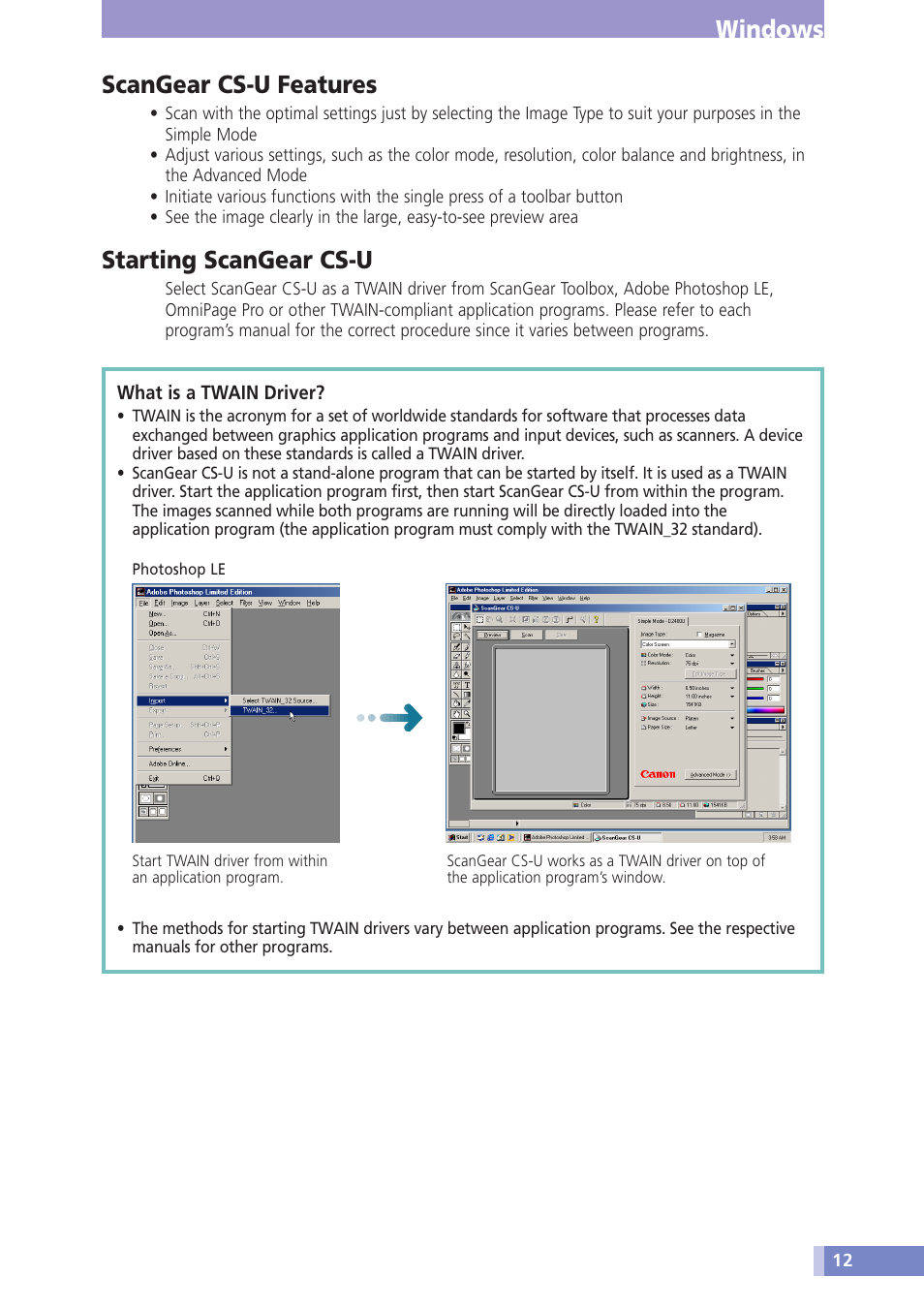 Windows scangear cs-u features, Starting scangear cs-u | Canon D1230U/D2400U User Manual | Page 12 / 24