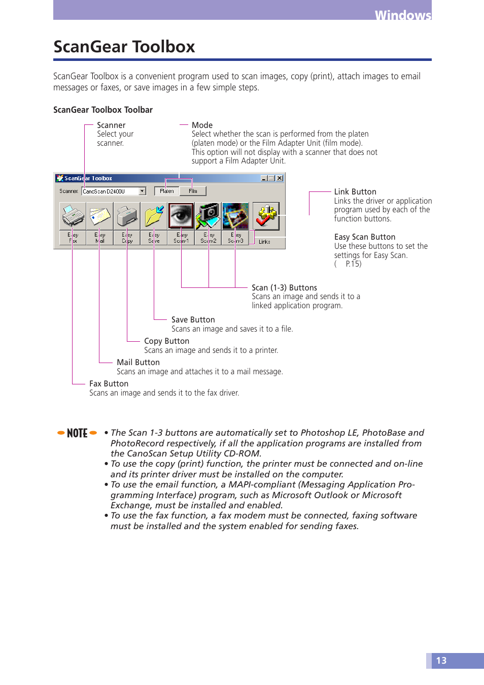 Scangear toolbox, Windows | Canon D1230U/D2400U User Manual | Page 13 / 24