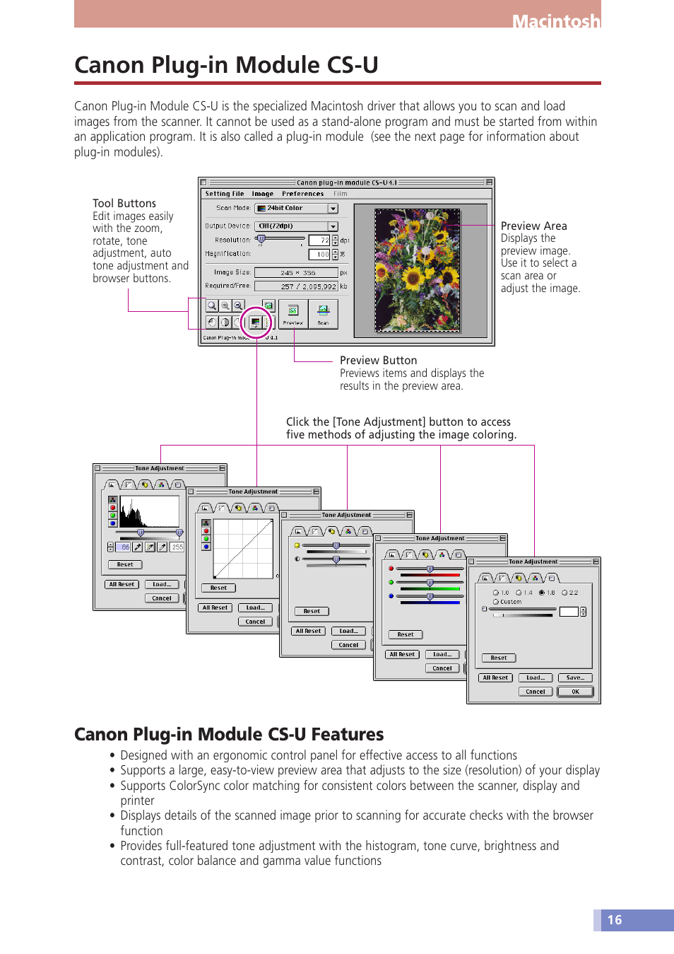 Canon plug-in module cs-u, Macintosh, Canon plug-in module cs-u features | Canon D1230U/D2400U User Manual | Page 16 / 24