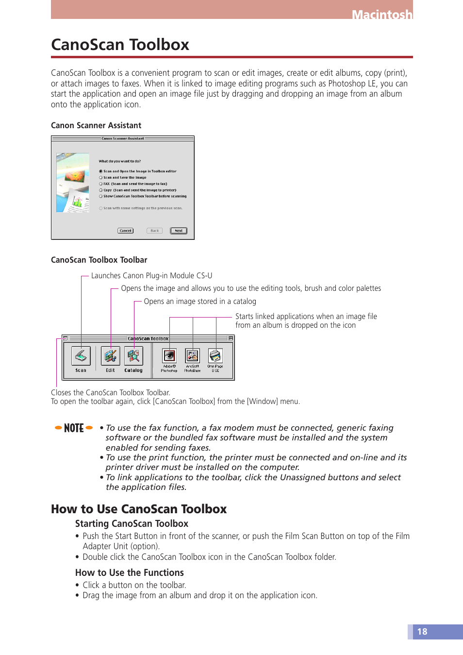 Canoscan toolbox, Macintosh, How to use canoscan toolbox | Canon D1230U/D2400U User Manual | Page 18 / 24