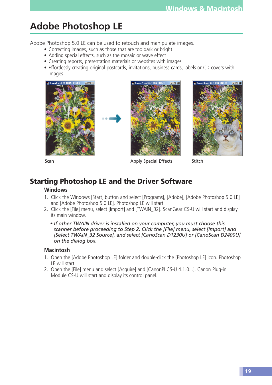 Adobe photoshop le, Windows & macintosh, Starting photoshop le and the driver software | Canon D1230U/D2400U User Manual | Page 19 / 24