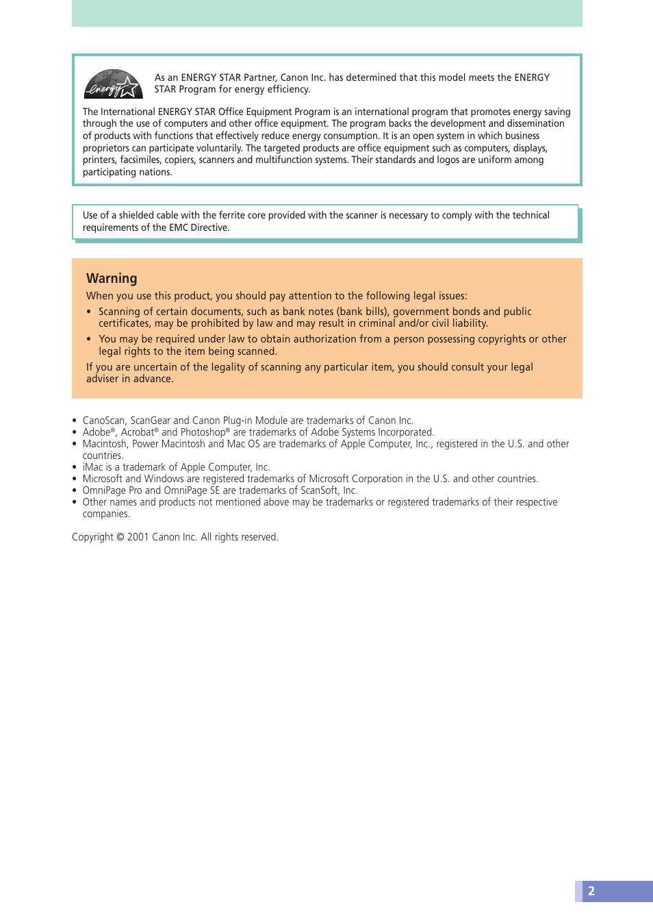 Warning | Canon D1230U/D2400U User Manual | Page 2 / 24