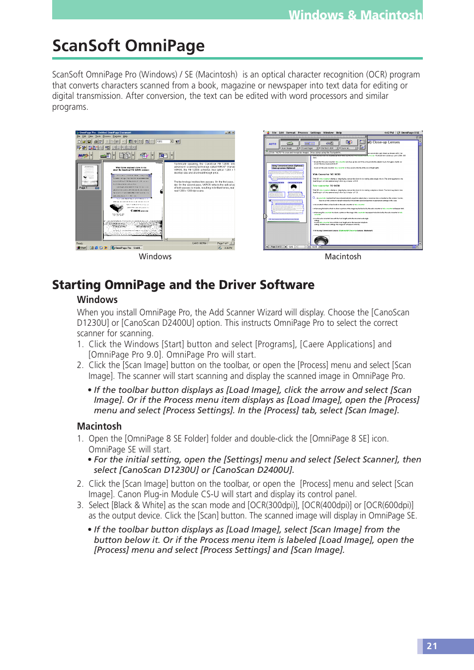 Scansoft omnipage, Windows & macintosh, Starting omnipage and the driver software | Canon D1230U/D2400U User Manual | Page 21 / 24