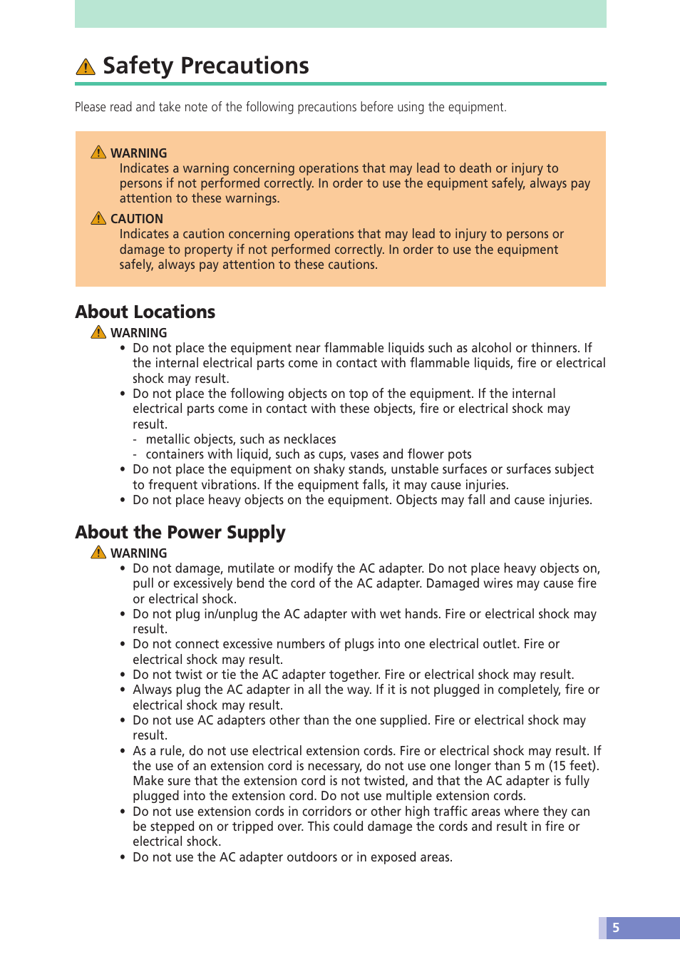 Safety precautions, About locations, About the power supply | Canon D1230U/D2400U User Manual | Page 5 / 24