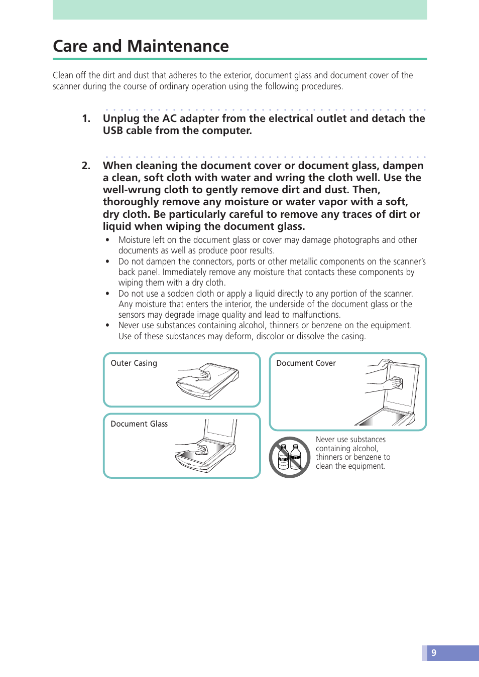 Care and maintenance | Canon D1230U/D2400U User Manual | Page 9 / 24