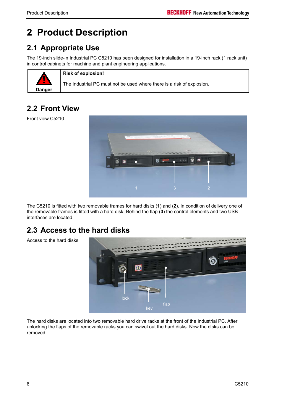 Product description, Appropriate use, Front view | Access to the hard disks, 2 product description, 1 appropriate use, 2 front view, 3 access to the hard disks | BECKHOFF C5210 User Manual | Page 10 / 33