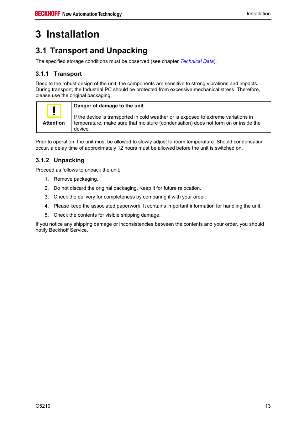 Installation, Transport and unpacking, Transport | Unpacking, Installation 13, Unpacking 13, 3 installation, 1 transport and unpacking | BECKHOFF C5210 User Manual | Page 15 / 33