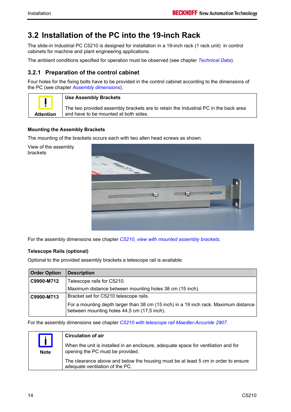 Installation of the pc into the 19-inch rack, Preparation of the control cabinet, Mounting the assembly brackets | Telescope rails (optional), 2 installation of the pc into the 19-inch rack | BECKHOFF C5210 User Manual | Page 16 / 33