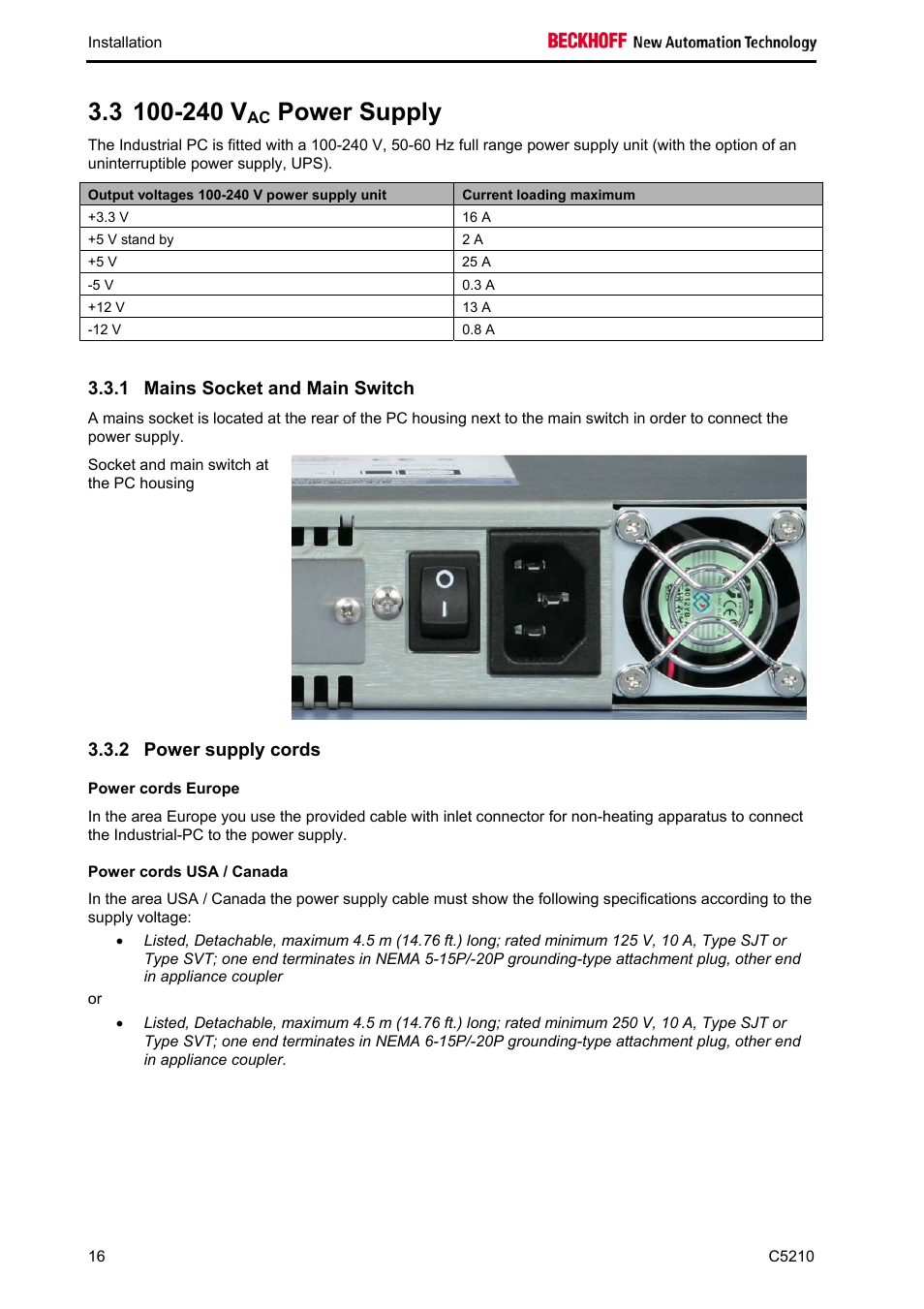 240 vac power supply, Mains socket and main switch, Power supply cords | Power cords europe, Power cords usa / canada, 240 v, Power supply, 1 mains socket and main switch, 2 power supply cords | BECKHOFF C5210 User Manual | Page 18 / 33