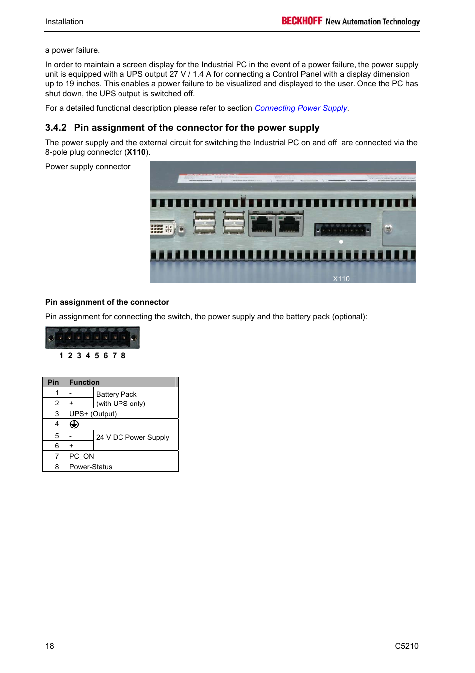 Pin assignment of the connector | BECKHOFF C5210 User Manual | Page 20 / 33